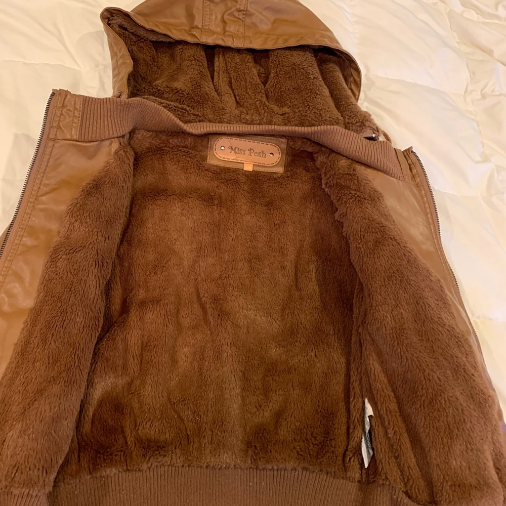 Brown faux leather hooded jacket size large with faux fur Bikercore coat